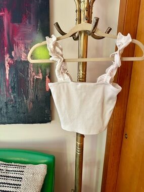 Zara White Ribbed Cropped Tank with Ruffle Straps